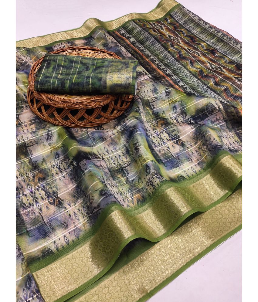     			BAYUPRI Organza Printed Saree With Blouse Piece ( Green , Pack of 1 )