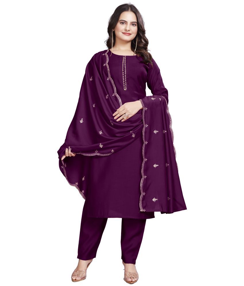     			GOPI SAREE Cotton Silk Embellished Kurti With Pants Women's Stitched Salwar Suit - Purple ( Pack of 1 )