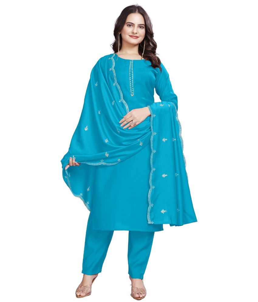     			GOPI SAREE Cotton Silk Embellished Kurti With Pants Women's Stitched Salwar Suit - Teal ( Pack of 1 )