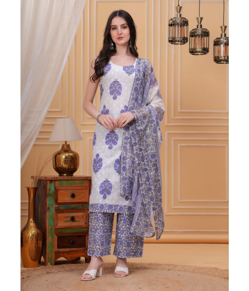     			JC4U Cotton Blend Printed Kurti With Palazzo Women's Stitched Salwar Suit - Blue ( Pack of 1 )