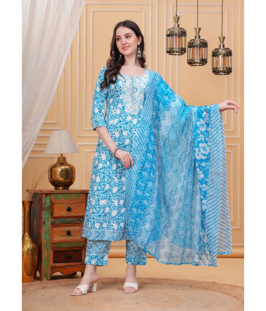     			JC4U Cotton Blend Printed Kurti With Pants Women's Stitched Salwar Suit - Blue ( Pack of 1 )