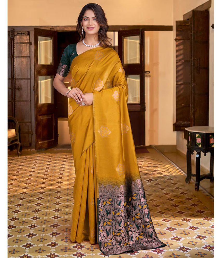     			SARIK  FASHION Banarasi Silk Woven Saree With Blouse Piece ( Mustard , Pack of 1 )