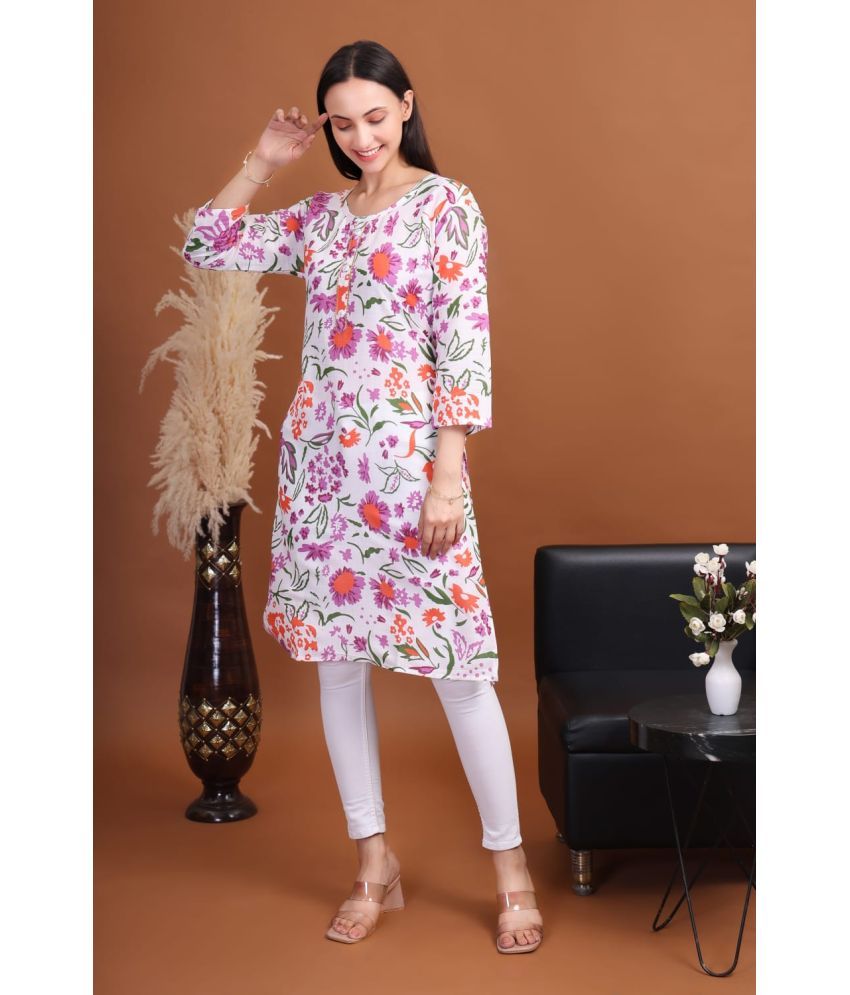     			SLAFIN Pack of 1 Cotton Silk Printed Straight Women's Kurti - ( White )