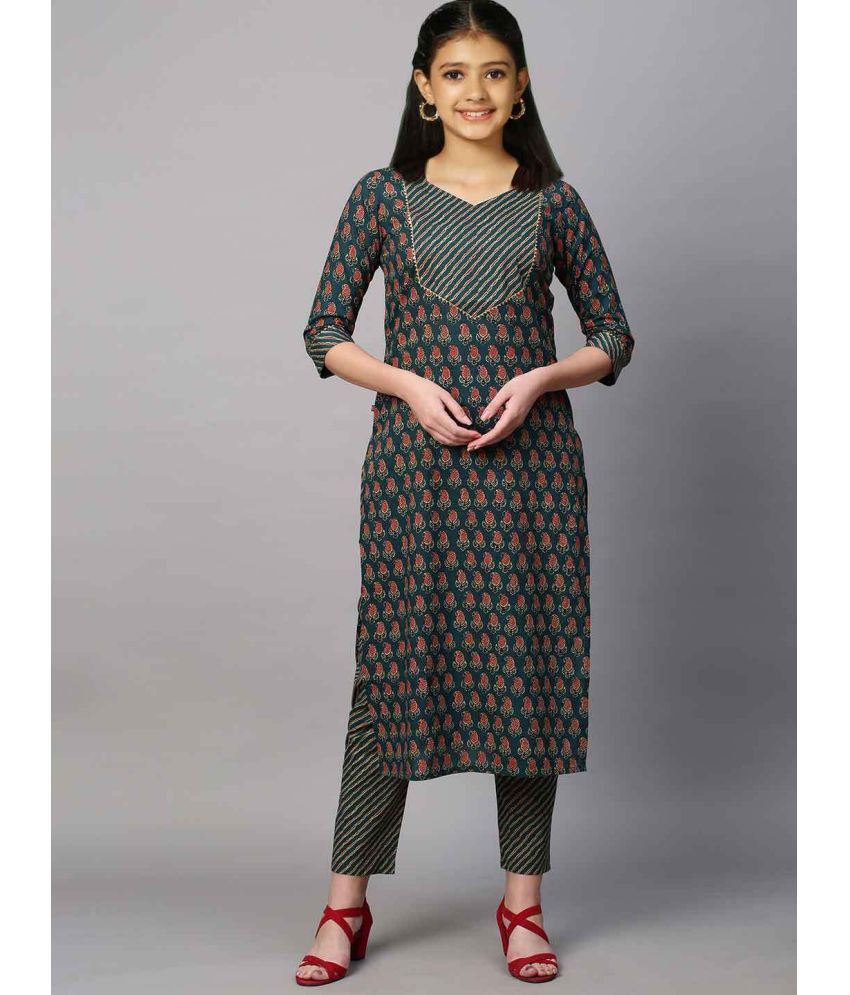     			Bholukart Girls Cotton Blend Kurti with Churidar ( Pack of 1 , Dark Green )