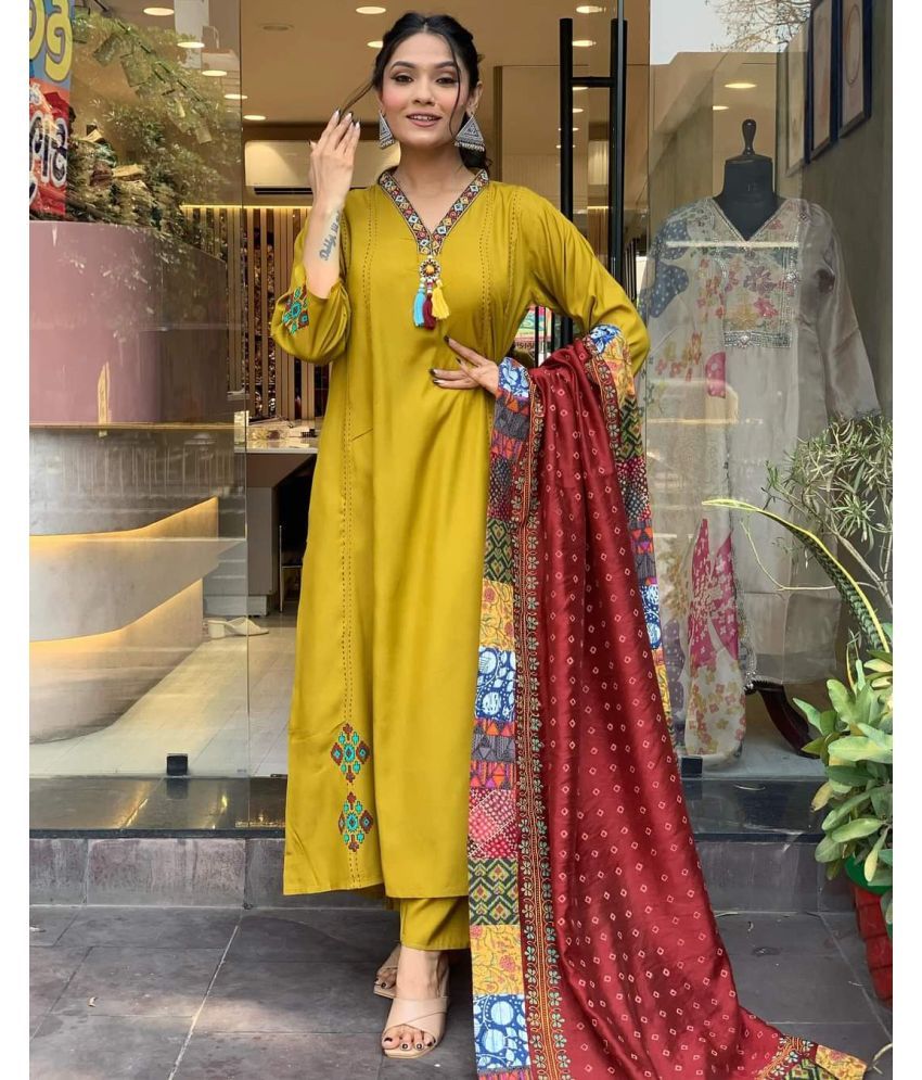     			AALIRA Viscose Embroidered Kurti With Pants Women's Stitched Salwar Suit - Yellow ( Pack of 1 )