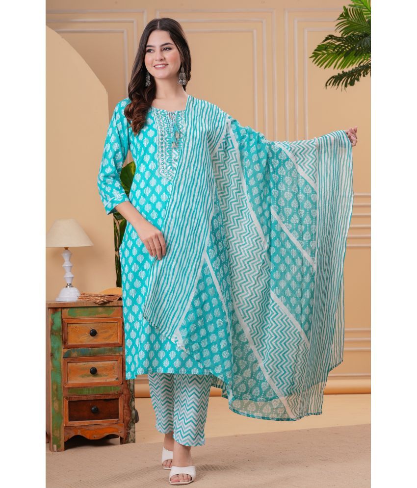     			HIGHLIGHT FASHION EXPORT Cotton Printed Kurti With Pants Women's Stitched Salwar Suit - Light Blue ( Pack of 1 )