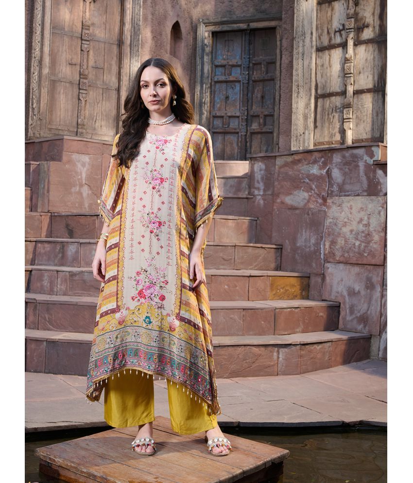     			Stylum Silk Printed Kurti With Pants Women's Stitched Salwar Suit - Mustard ( Pack of 1 )