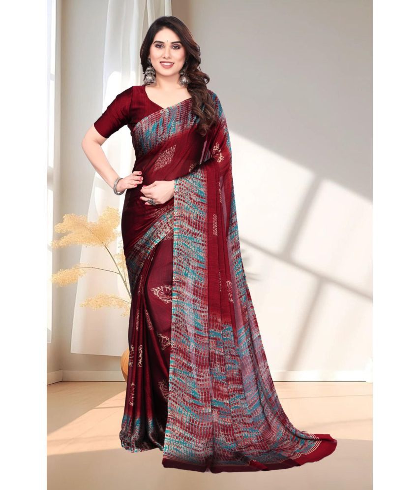     			Magneitta Chiffon Printed Saree With Blouse Piece ( Maroon , Pack of 1 )