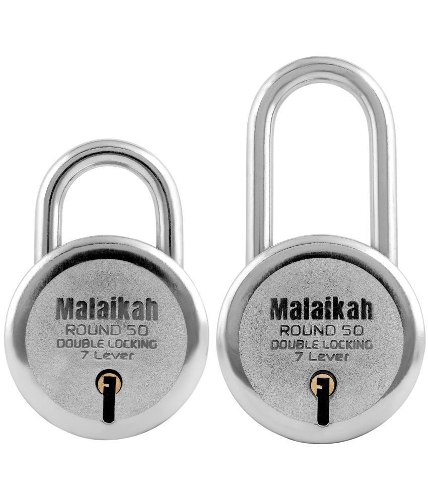     			Malaikah Locks Padlocks Pack Of 2 Round 50mm And Round 50mm Long Shackle Made In Aligarh India High-Performance Locking Solution Featuring Corrosion-Resistant Steel And 7-Lever Mechanism