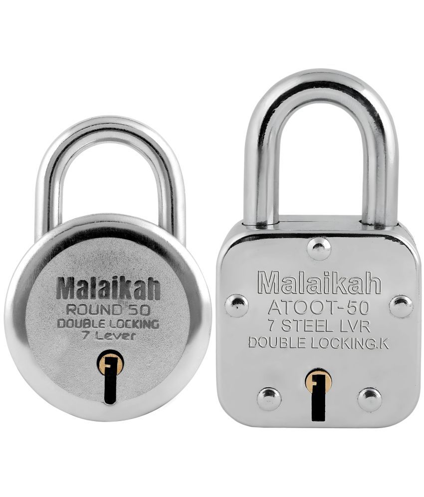     			Malaikah Locks Padlocks Pack Of 2 Round 50mm And Atoot 50mm With Made In Aligarh India Ideal For Gates Lockers And Doors With Double Locking 7-Lever Mechanism For Secure Protection