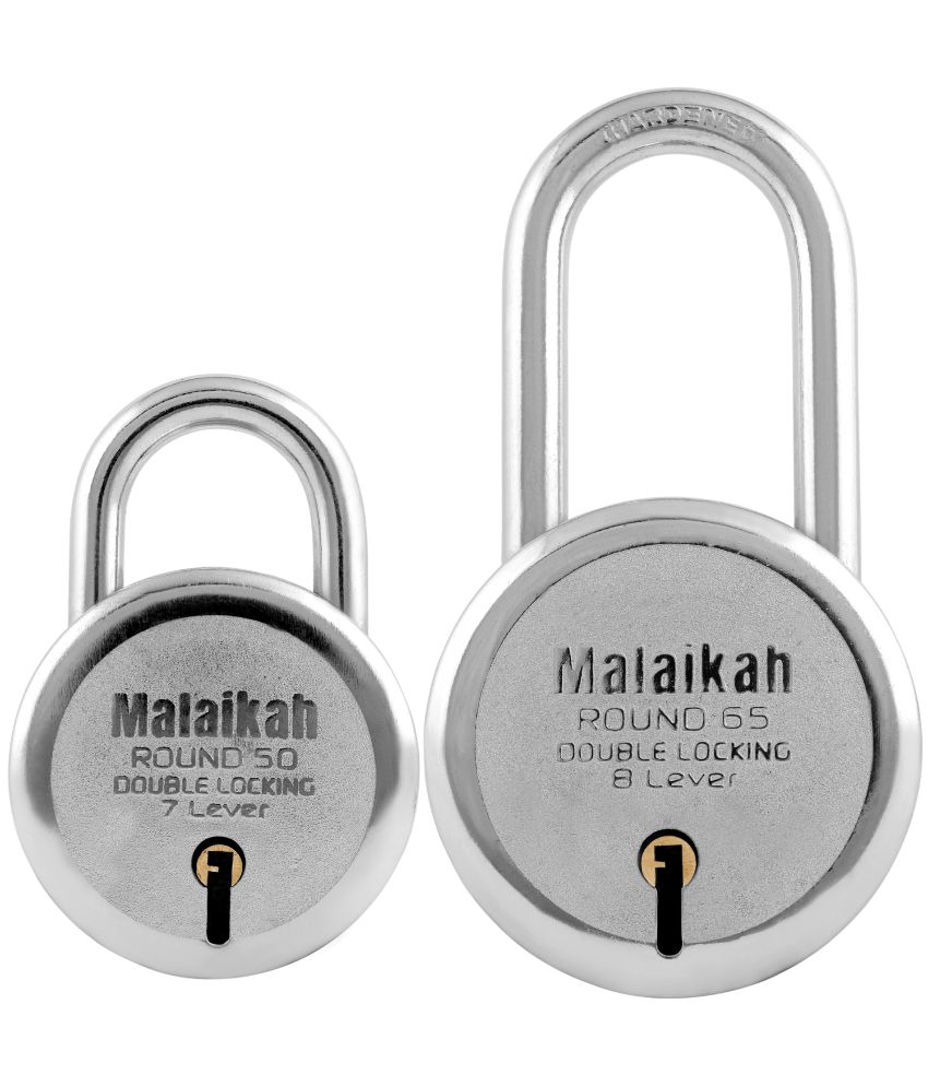     			Malaikah Locks Padlocks Pack Of 2 Round 50mm And Round 65mm Long Shackle Made In Aligarh India Extra-Secure Design Featuring Durable Steel And 7-Lever Double Locking Mechanism