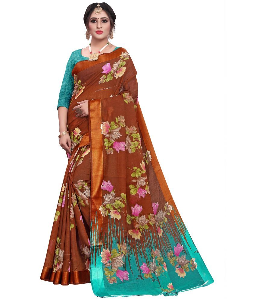     			RUNAYA NX Cotton Blend Printed Saree With Blouse Piece ( Brown , Pack of 1 )