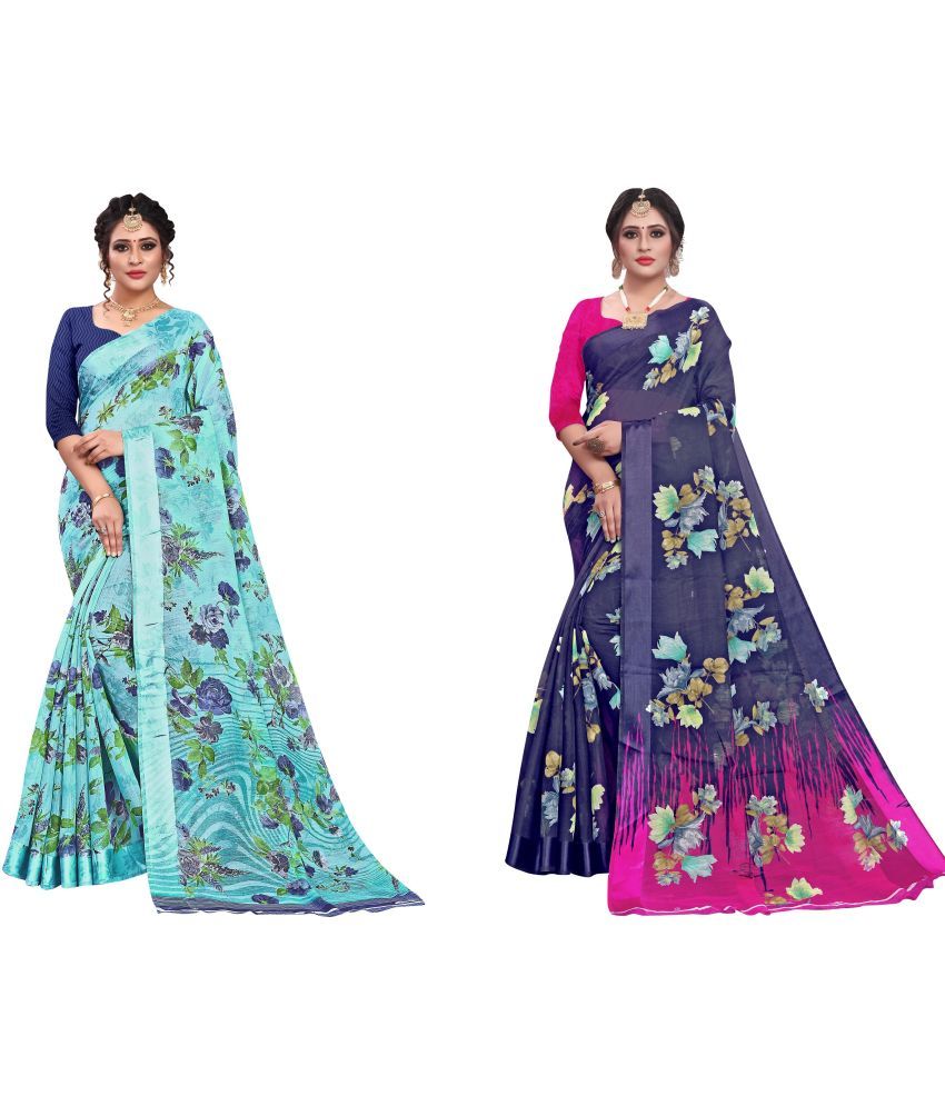     			RUNAYA NX Cotton Blend Printed Saree With Blouse Piece ( Multicolor , Pack of 2 )