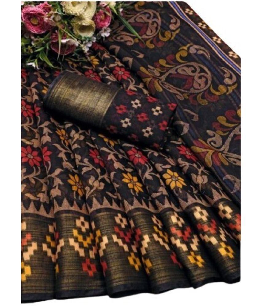     			RUNAYA NX Cotton Silk Printed Saree With Blouse Piece ( Black , Pack of 1 )