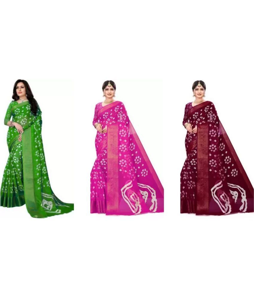     			RUNAYA NX Cotton Silk Printed Saree With Blouse Piece ( Multicolor , Pack of 3 )