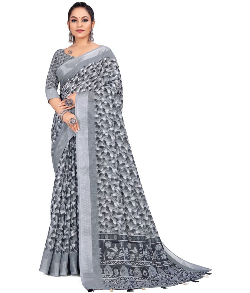     			RUNAYA NX Linen Printed Saree With Blouse Piece ( Grey , Pack of 1 )