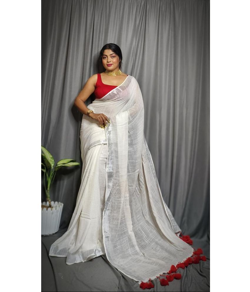     			SARADA HANDLOOM Cotton Solid Saree With Blouse Piece ( White , Pack of 1 )