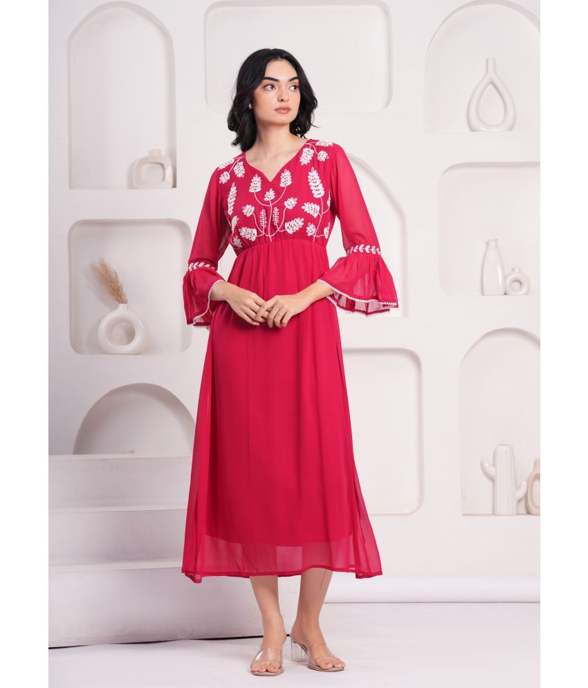     			JAI SHIVAM TRADERS Georgette Embroidered Calf-Length Women's Fit & Flare Dress - Red ( Pack of 1 )