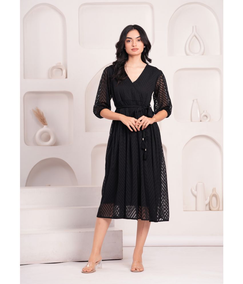     			JAI SHIVAM TRADERS Georgette Self Design Calf-Length Women's Fit & Flare Dress - Black ( Pack of 1 )