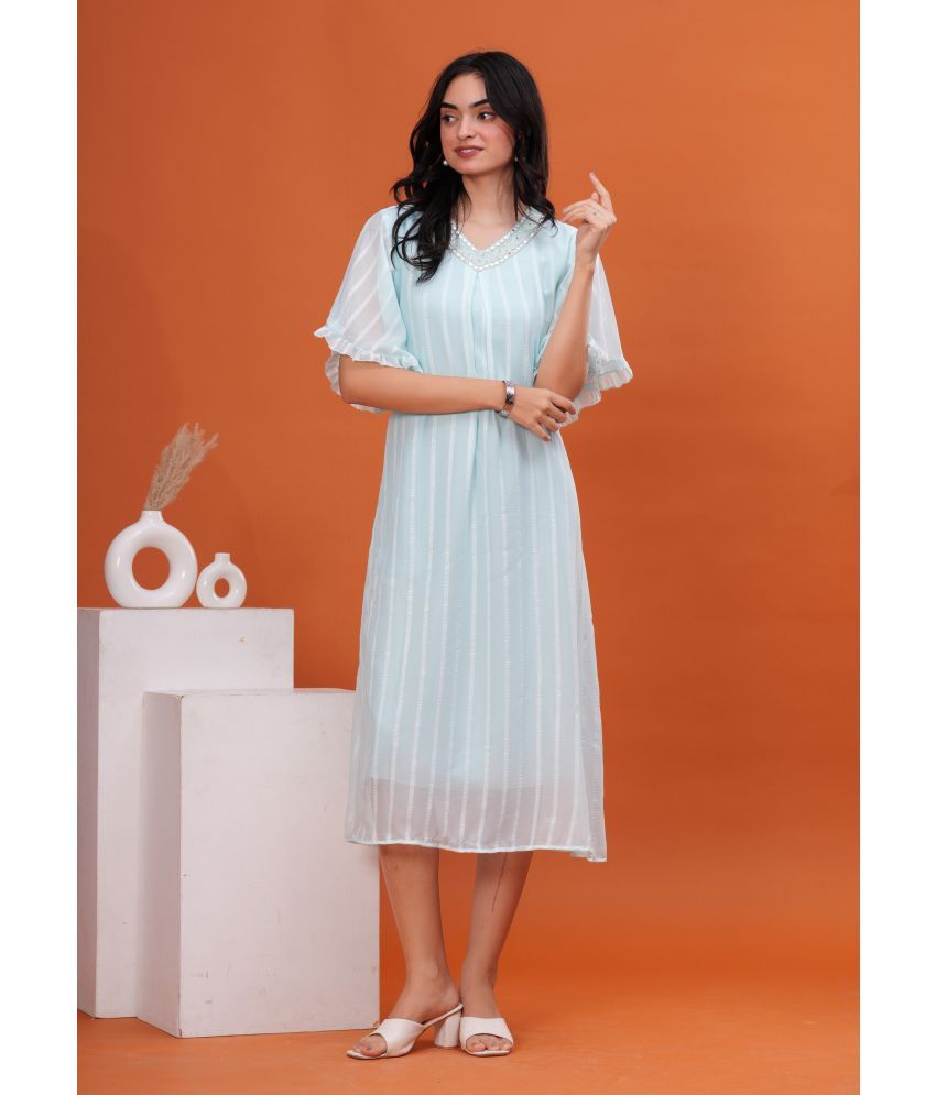     			JAI SHIVAM TRADERS Georgette Striped Calf-Length Women's Fit & Flare Dress - Light Blue ( Pack of 1 )