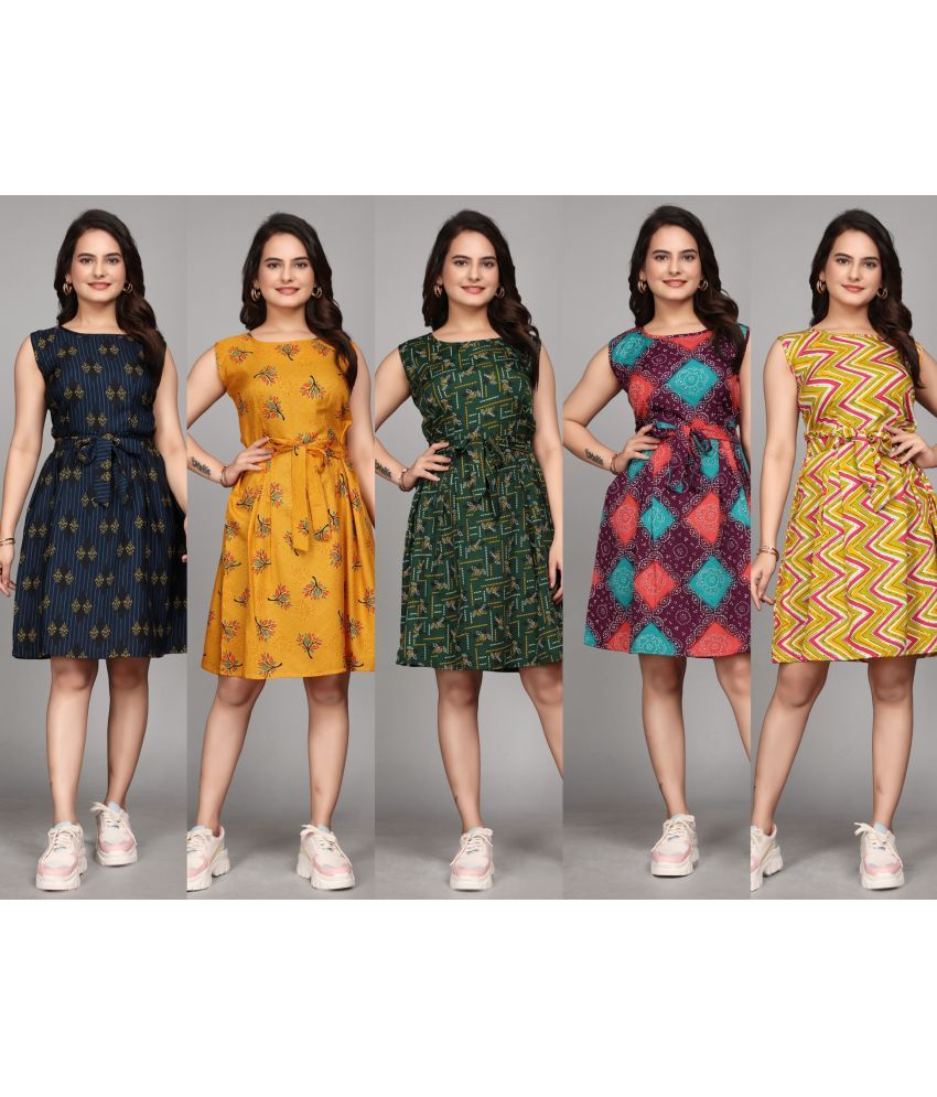     			KALAVRITTA Crepe Printed Knee Length Women's A-line Dress - Multicolor ( Pack of 5 )