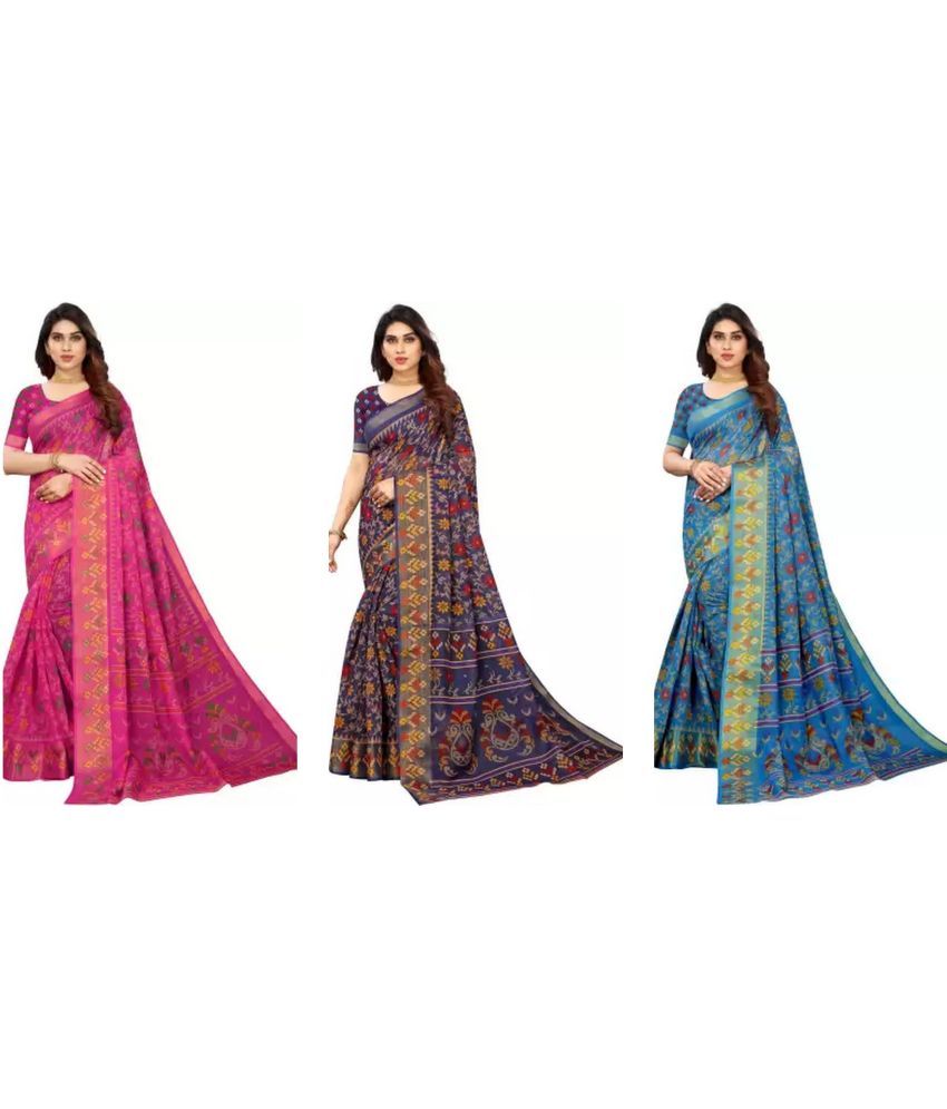     			RUNAYA NX Cotton Blend Printed Saree With Blouse Piece ( Multicolor , Pack of 3 )