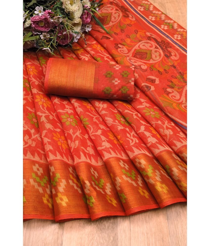     			RUNAYA NX Cotton Blend Printed Saree With Blouse Piece ( Orange , Pack of 1 )