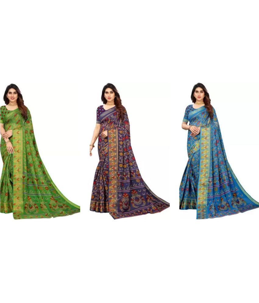     			RUNAYA NX Cotton Blend Printed Saree With Blouse Piece ( Multicolor , Pack of 3 )