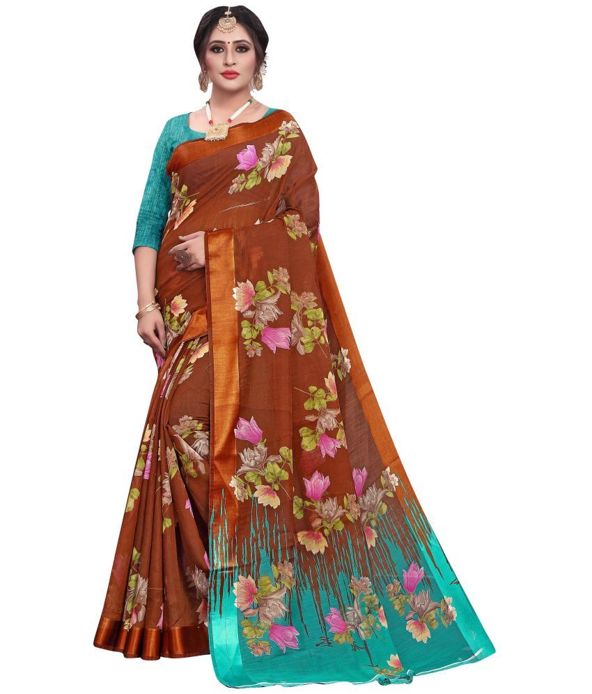     			RUNAYA NX Cotton Printed Saree With Blouse Piece ( Brown , Pack of 1 )