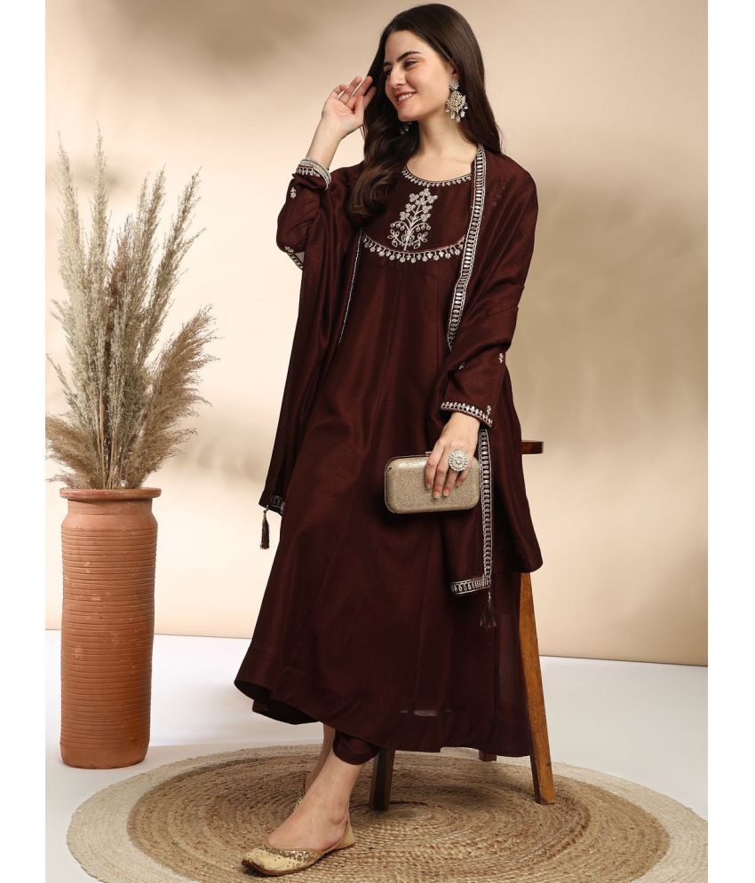     			Shiv Enterprise Silk Embroidered Kurti With Pants Women's Stitched Salwar Suit - Brown ( Pack of 1 )