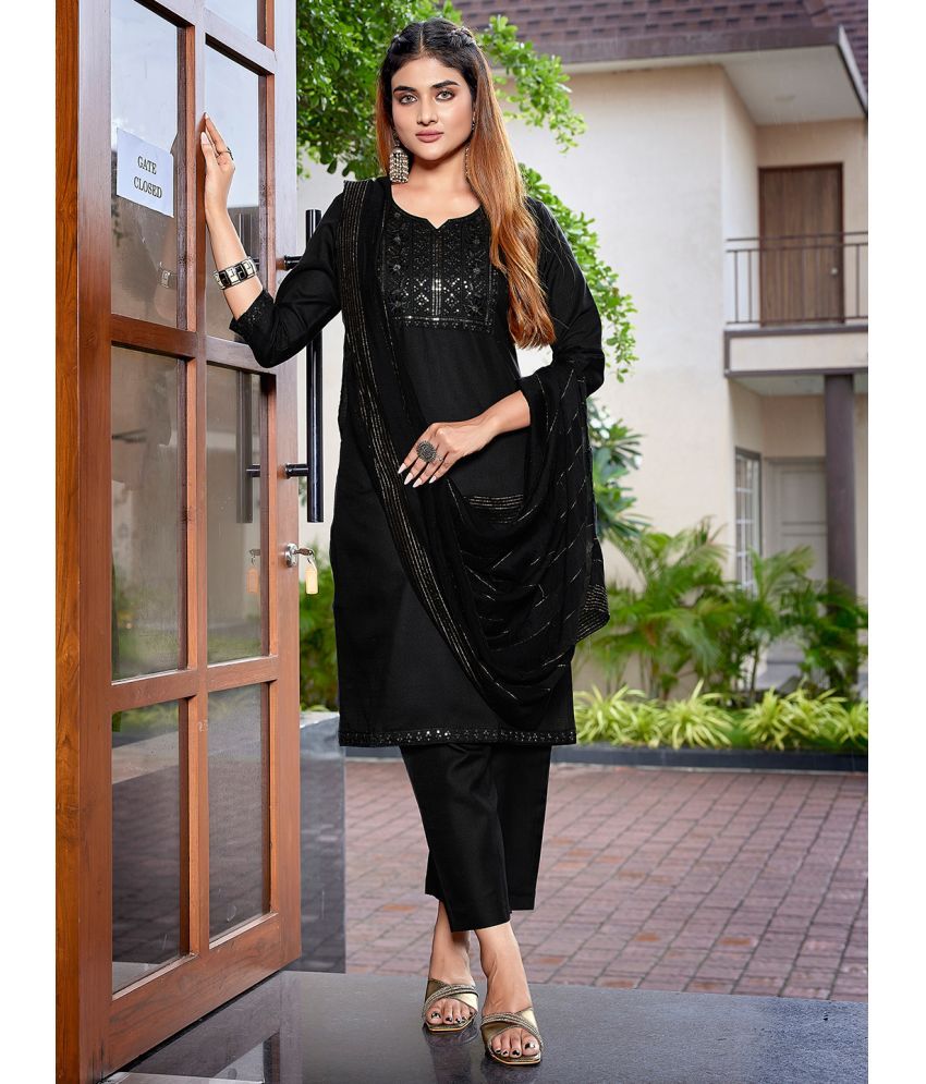     			Royal Export Cotton Blend Embellished Kurti With Pants Women's Stitched Salwar Suit - Black ( Pack of 1 )