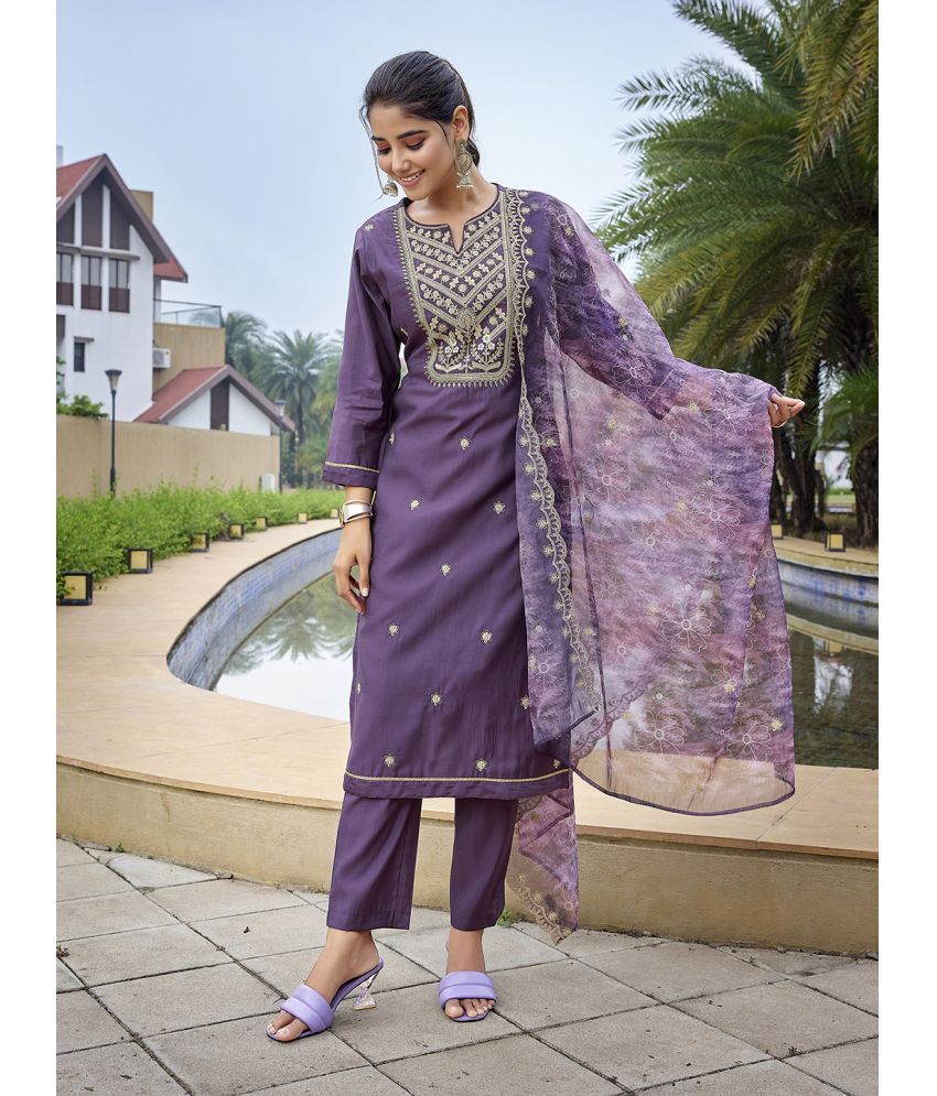     			Royal Export Viscose Embellished Kurti With Pants Women's Stitched Salwar Suit - Purple ( Pack of 1 )