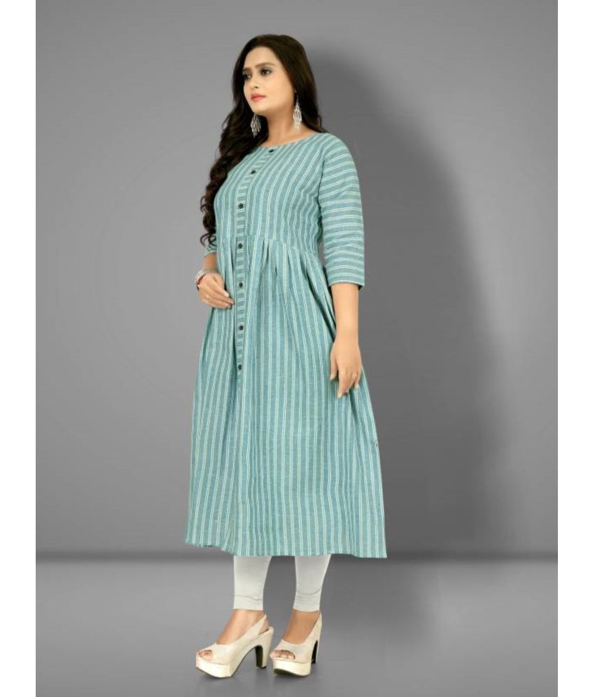     			TEXPA Pack of 1 Cotton Striped Flared Women's Kurti - ( Green )