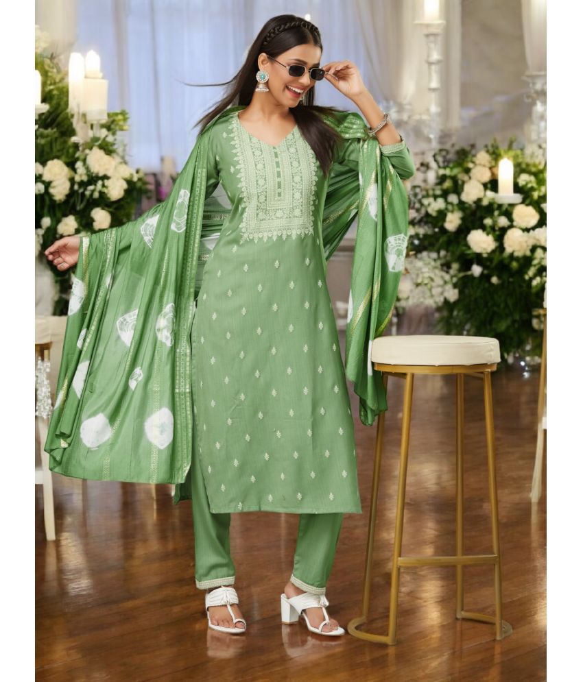     			Vividvibe Rayon Embroidered Kurti With Pants Women's Stitched Salwar Suit - Green ( Pack of 1 )