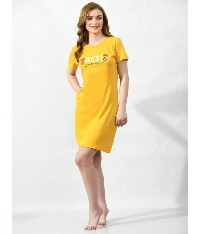     			HELL BOUND Cotton Printed Above Knee Women's T-shirt Dress - Yellow ( Pack of 1 )