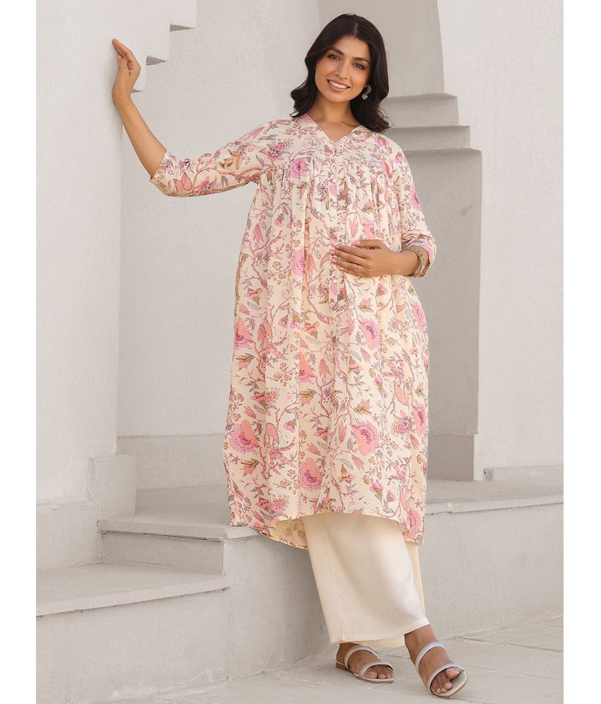     			Janasya Beige Cotton Maternity Kurta Single