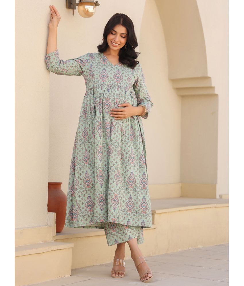     			Janasya Green Cotton Maternity Kurta Suit Set Single