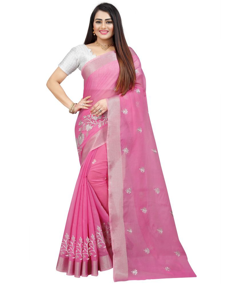     			Indian Fashionista Cotton Silk Embroidered Saree With Blouse Piece ( Pink , Pack of 1 )