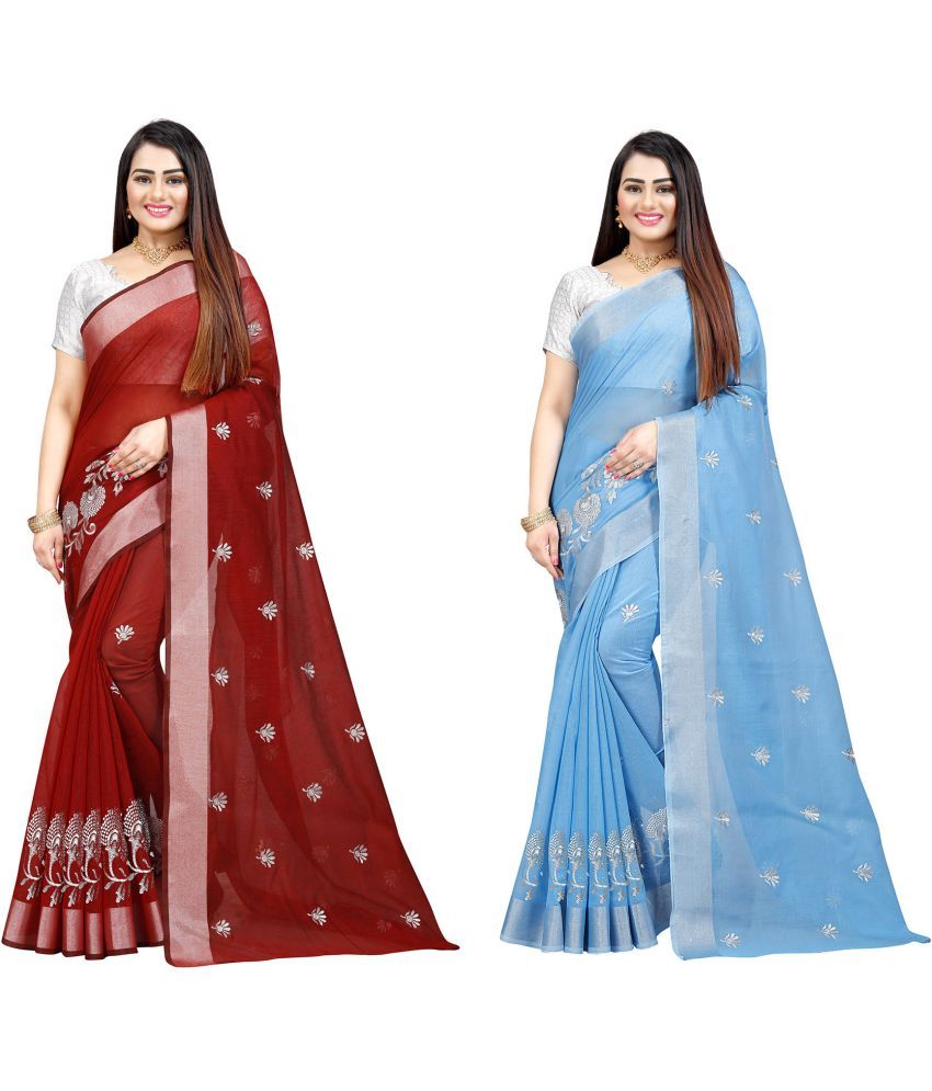     			Indian Fashionista Cotton Silk Embroidered Saree With Blouse Piece ( Light Blue , Pack of 1 )