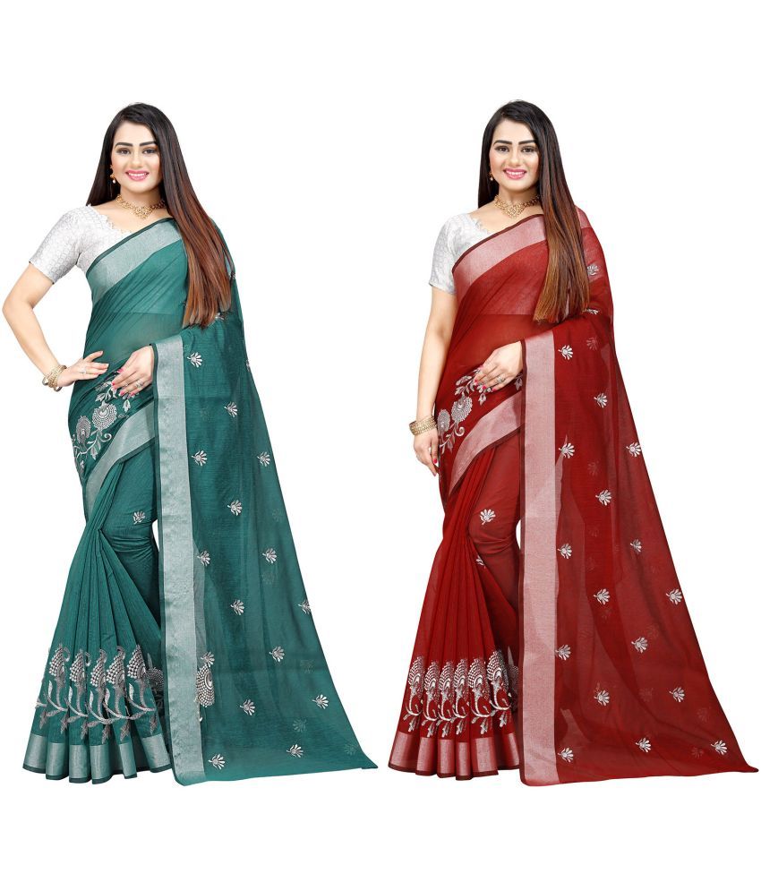     			Indian Fashionista Cotton Silk Embroidered Saree With Blouse Piece ( Red , Pack of 2 )