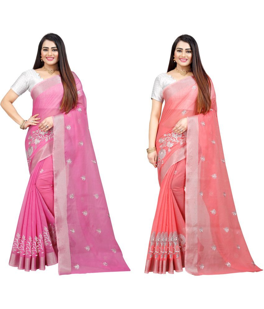     			Indian Fashionista Cotton Silk Embroidered Saree With Blouse Piece ( Pink , Pack of 1 )