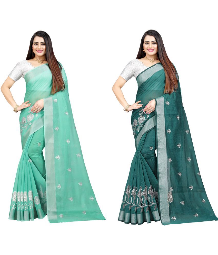     			Indian Fashionista Cotton Silk Embroidered Saree With Blouse Piece ( Green , Pack of 2 )