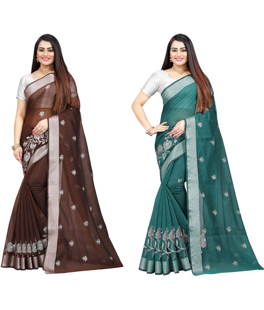     			Indian Fashionista Cotton Silk Embroidered Saree With Blouse Piece ( Brown , Pack of 2 )