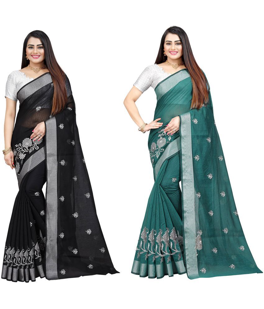     			Indian Fashionista Cotton Silk Embroidered Saree With Blouse Piece ( Green , Pack of 1 )