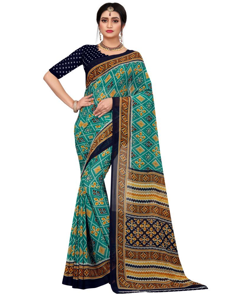     			Indian Fashionista Georgette Printed Saree With Blouse Piece ( Green , Pack of 1 )