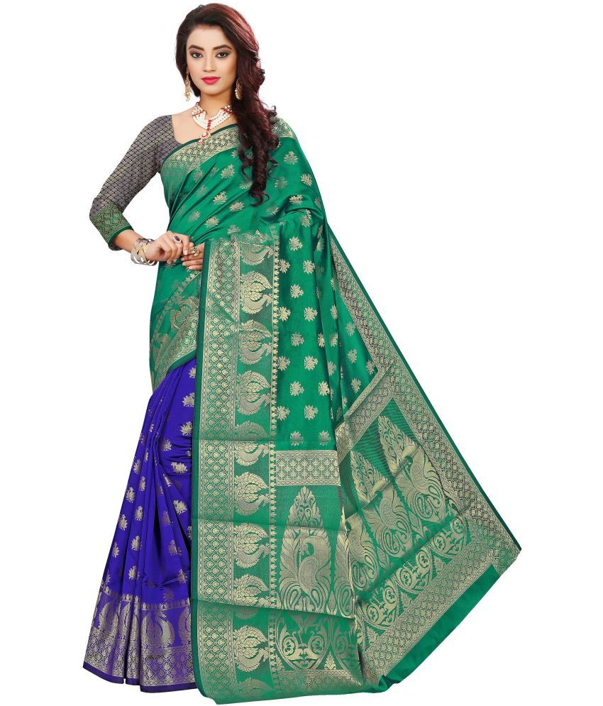     			Indian Fashionista Jacquard Printed Saree With Blouse Piece ( Green , Pack of 1 )