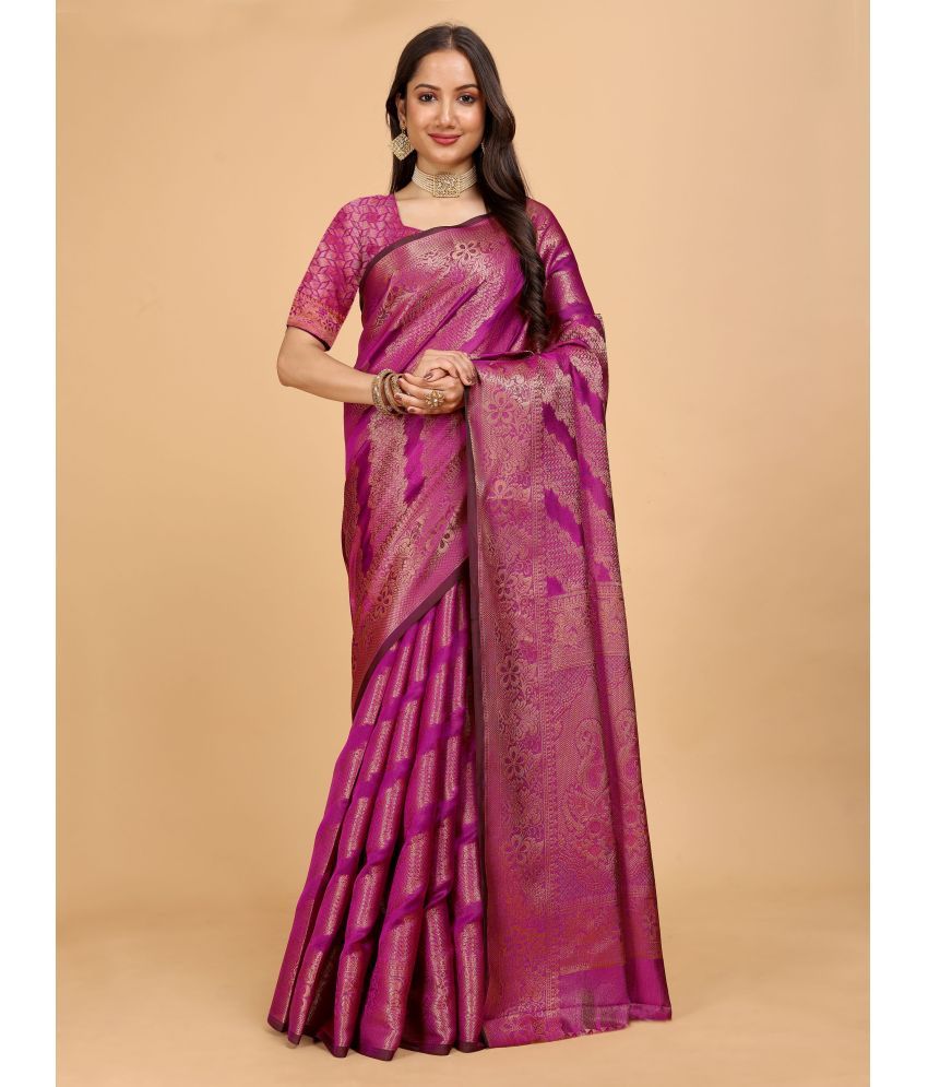     			Indian Fashionista Organza Embellished Saree With Blouse Piece ( Pink , Pack of 1 )