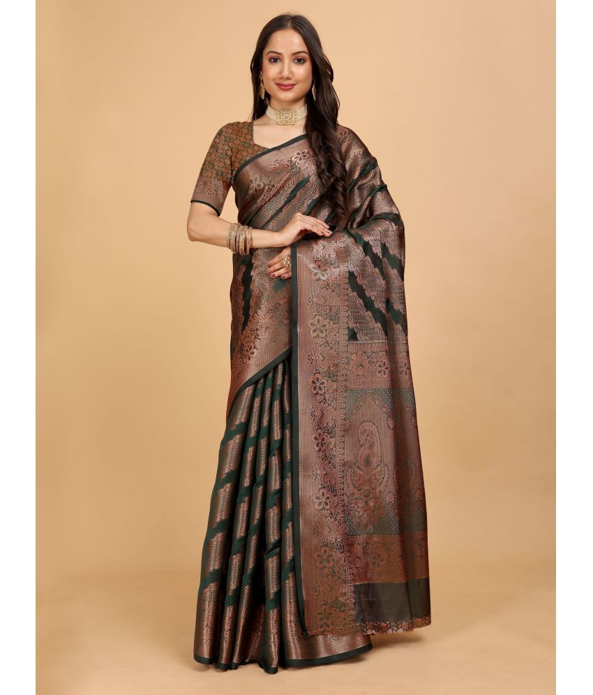     			Indian Fashionista Organza Woven Saree With Blouse Piece ( Green , Pack of 1 )