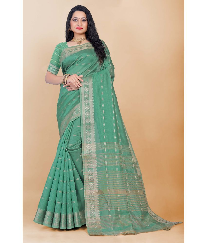     			Indian Fashionista Silk Blend Woven Saree With Blouse Piece ( Green , Pack of 1 )