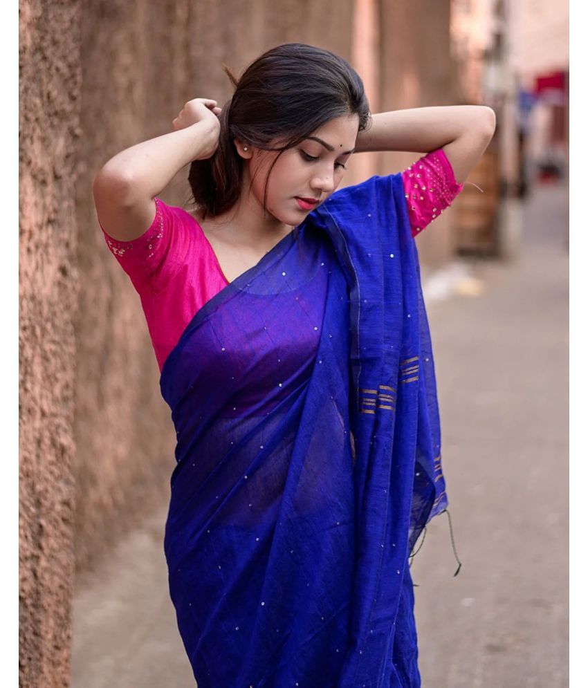     			SARADA HANDLOOM Cotton Woven Saree With Blouse Piece ( Blue , Pack of 1 )